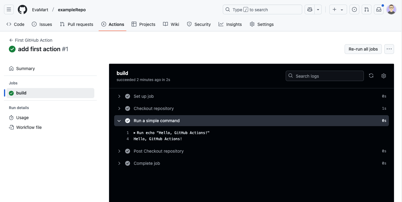 Detail of steps completed in a workflow run in the github interface